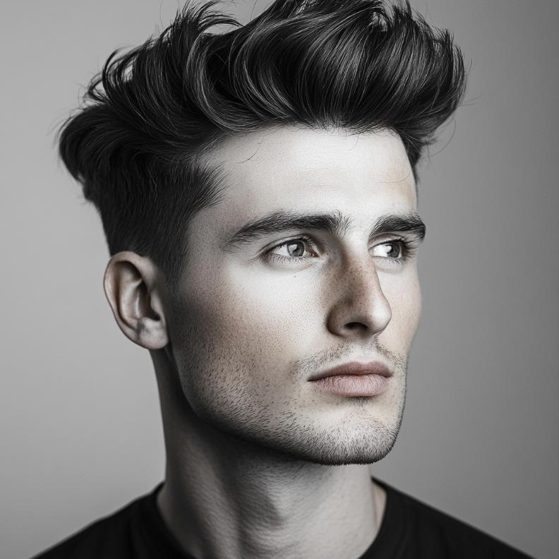 A voluminous Quiff with Fade, perfect for those seeking modern Short Hairstyles and Haircuts for Men.