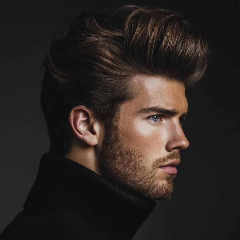 A voluminous pompadour, representing the bold elegance of medium length hairstyles for men.