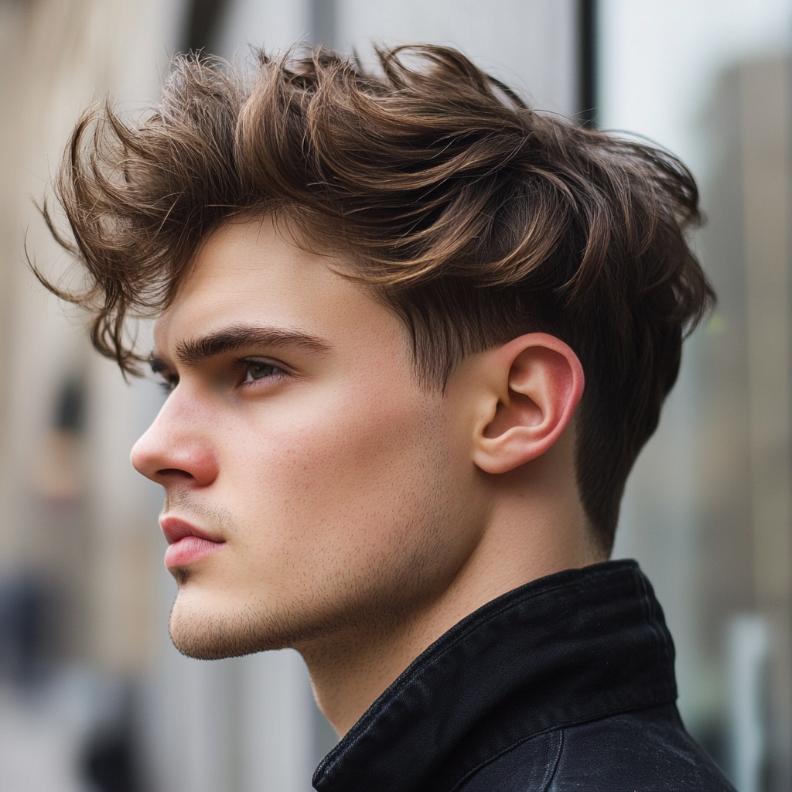 A voluminous wavy quiff, adding height and texture to medium length hairstyles for men.