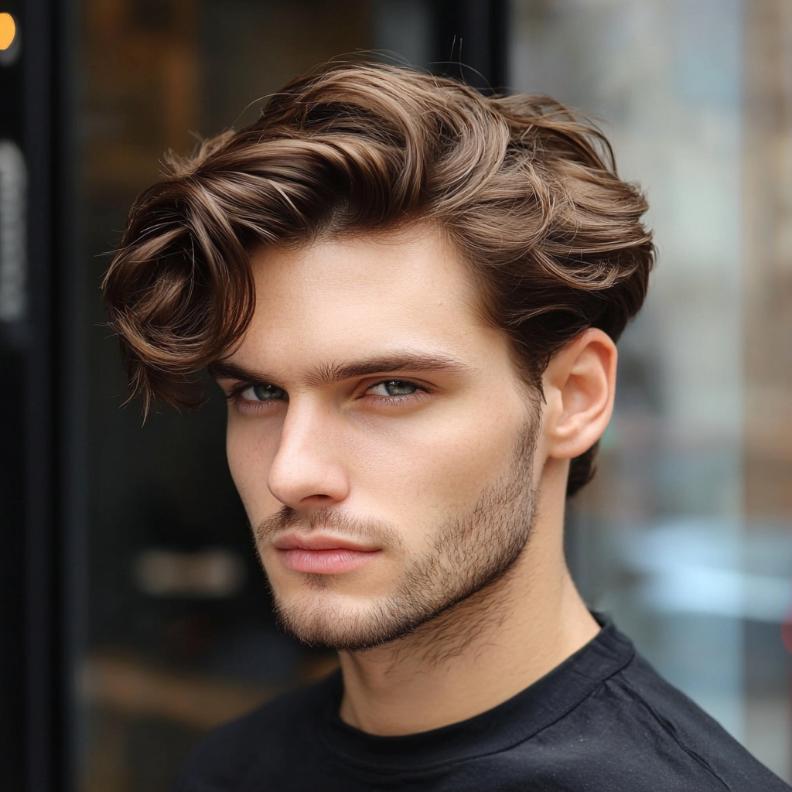 A wavy comb-over, blending elegance and texture in medium length hairstyles for men.