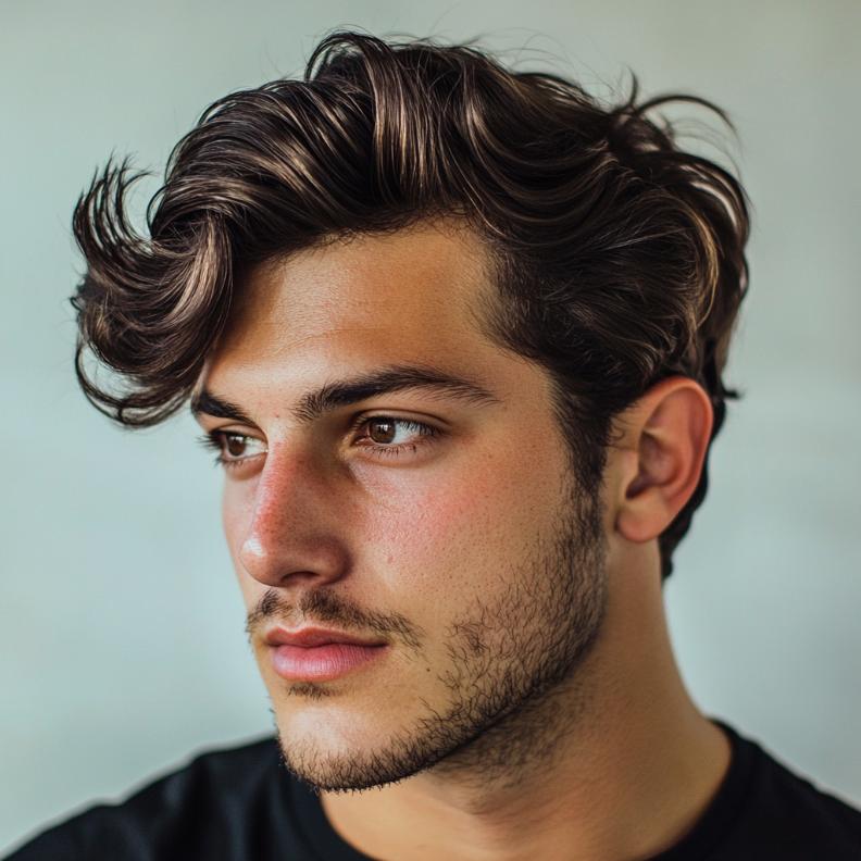 A wavy comb-over, merging classic and contemporary elements in medium length hairstyles for men.