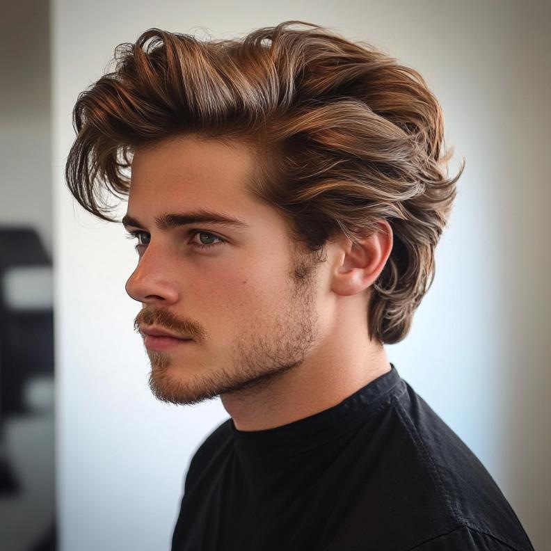 A wavy pompadour, combining volume and movement in medium length hairstyles for men.