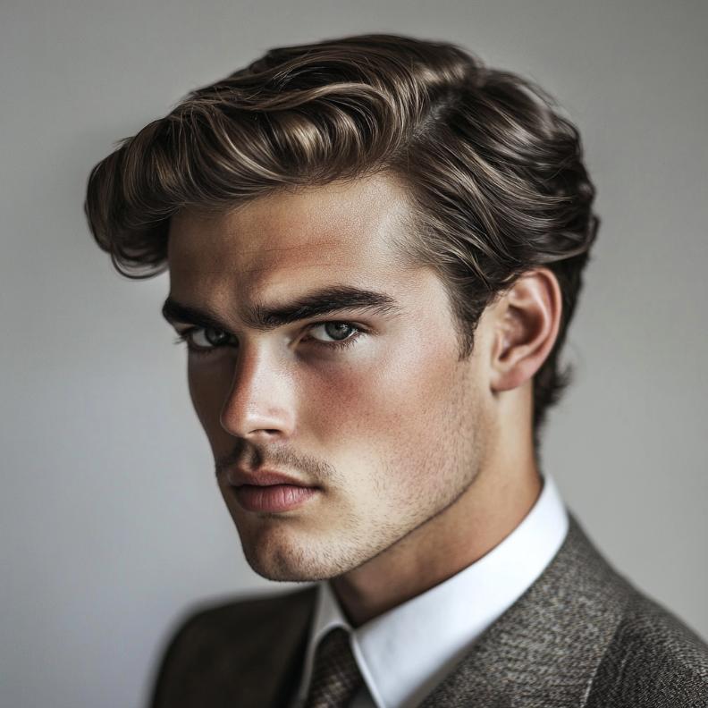 A wavy side part, a sophisticated option among medium length hairstyles for men.