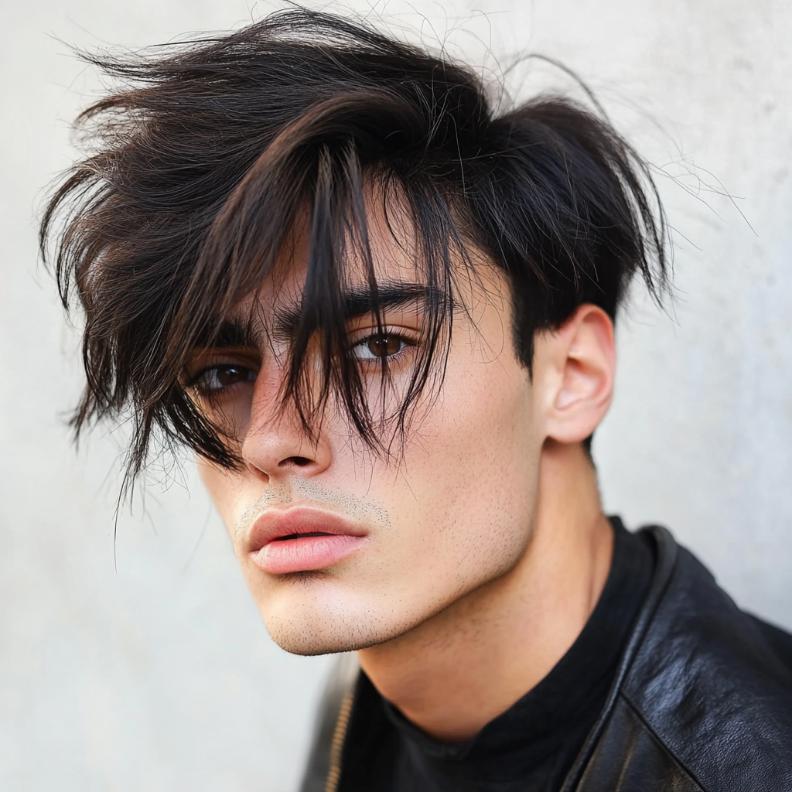 An asymmetrical fringe, a unique and modern twist on medium length hairstyles for men.