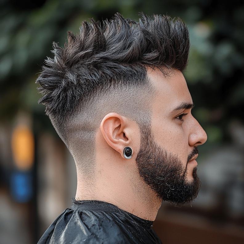 An edgy combination of a mohawk with the traditional elements of Edgar haircuts for men.