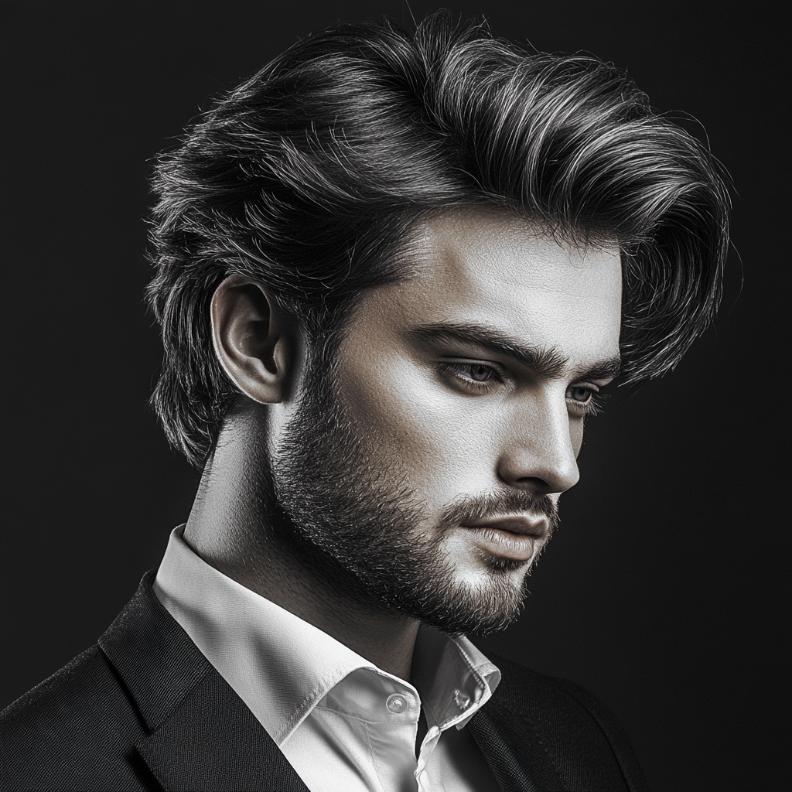 An executive contour, a refined and structured medium length hairstyle for men.