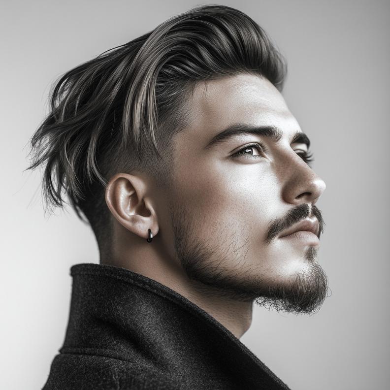 An undercut with a long top, a bold medium length hairstyle for men.