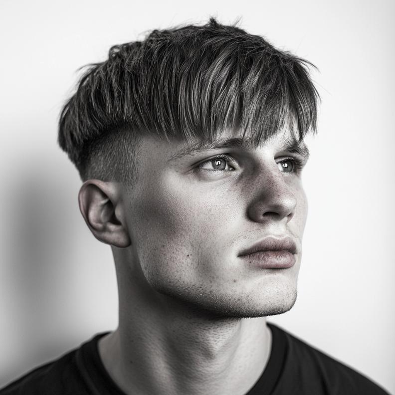 Combining a cropped top with the traditional fringe of Edgar haircuts for men.