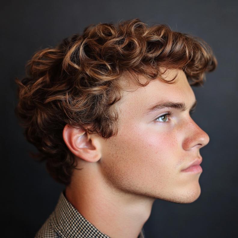 Defined curls, showcasing structured texture in medium length hairstyles for men.