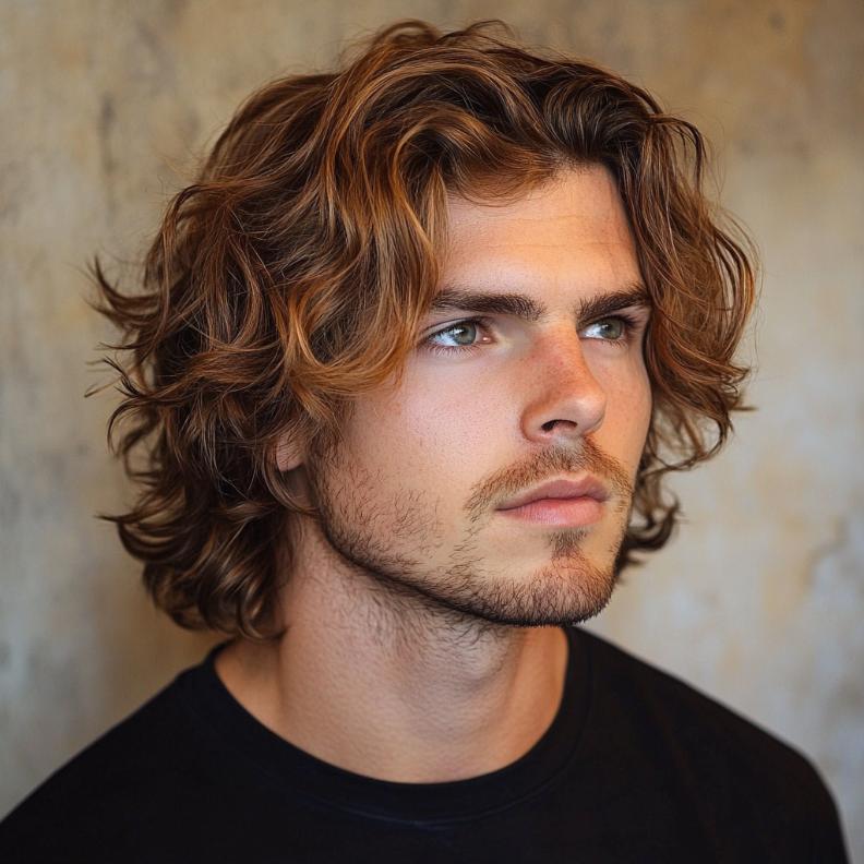 Effortless beach waves, the ultimate laid-back medium length hairstyle for men.