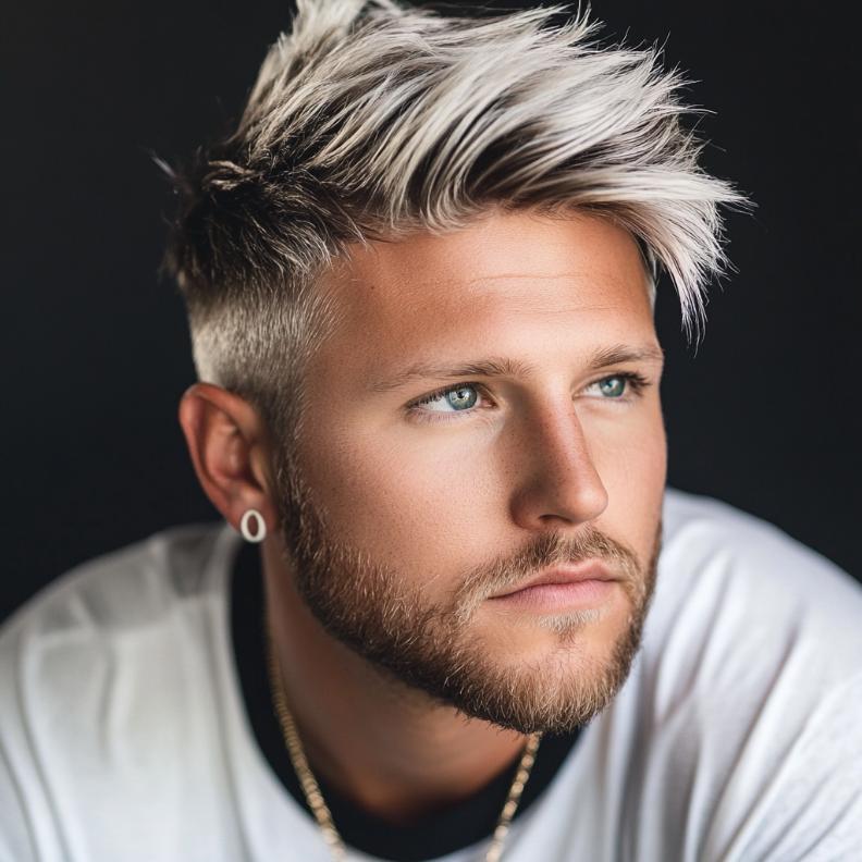 Frosted tips add a nostalgic 90s vibe to this Edgar haircut for men.