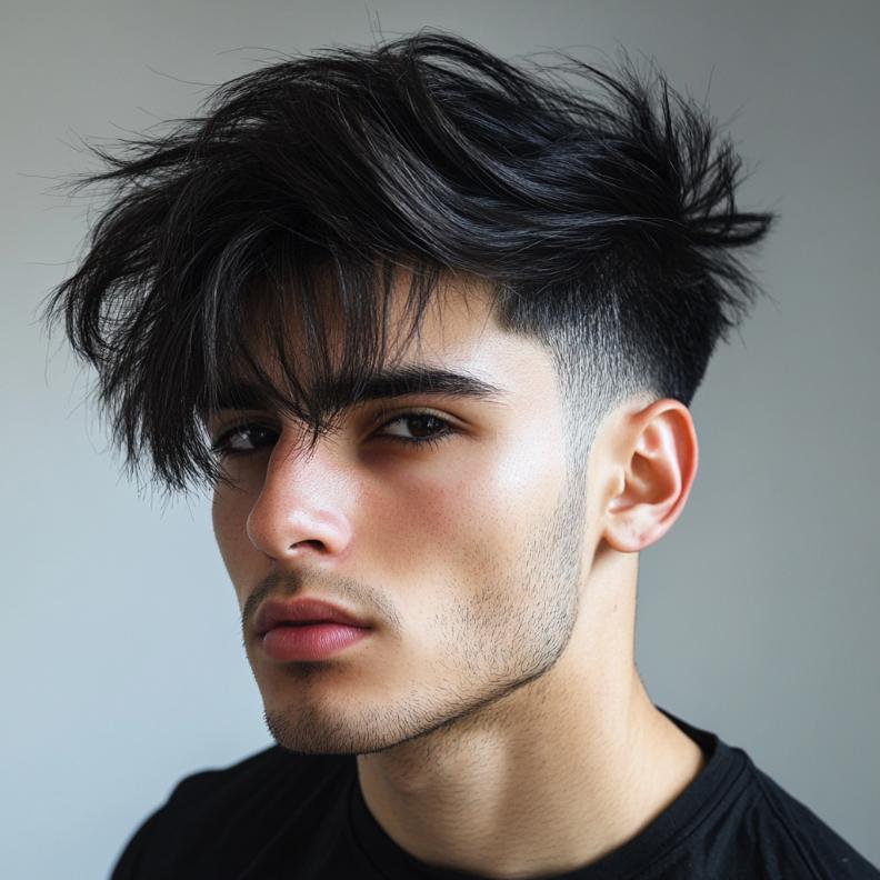 Long bangs with a fade, a stylish and contemporary medium length hairstyle for men.