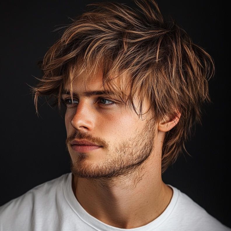 Shaggy layers, a trendy choice in textured medium length hairstyles for men.