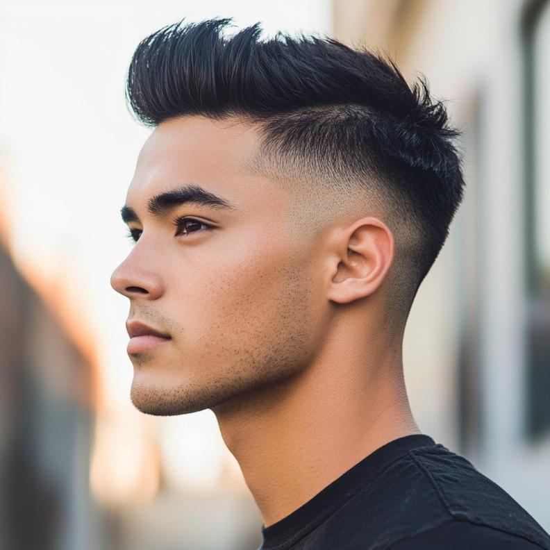 Shaved sides enhance the bold look of this modern Edgar haircut for men.