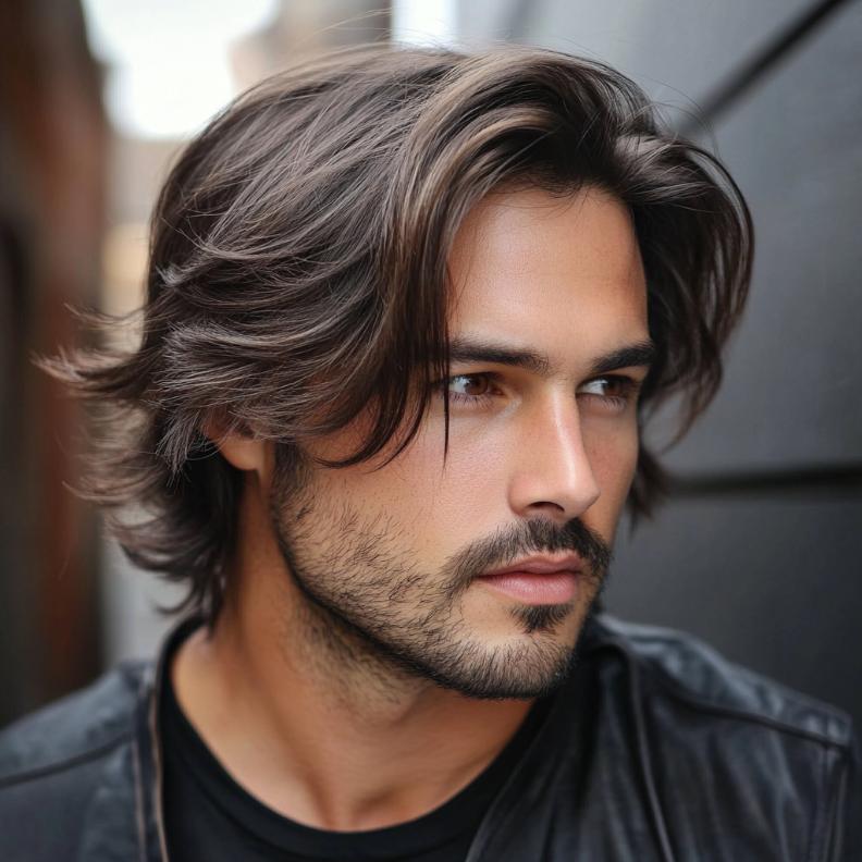 Side-swept layers, adding movement and style to medium length hairstyles for men.