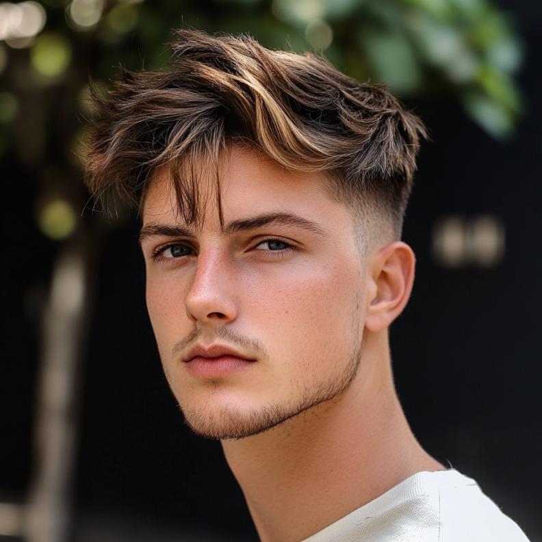 Subtle colored highlights bring an extra pop to this fashionable Edgar haircut for men.