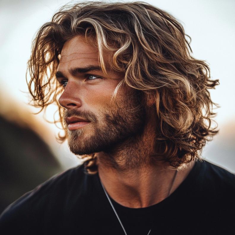 Surfer hair, embodying the carefree spirit of medium length hairstyles for men.