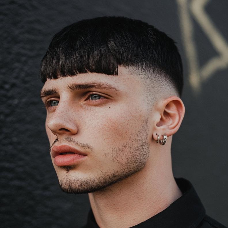 The classic Caesar cut is combined with the blunt fringe of Edgar haircuts for men.