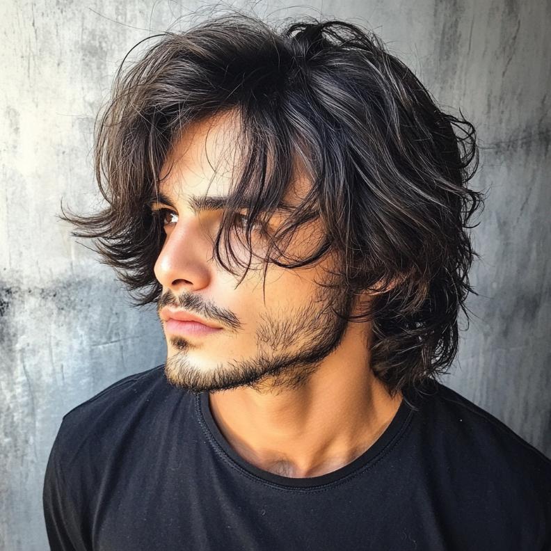 Tousled layers, giving medium length hairstyles for men a voluminous appearance.