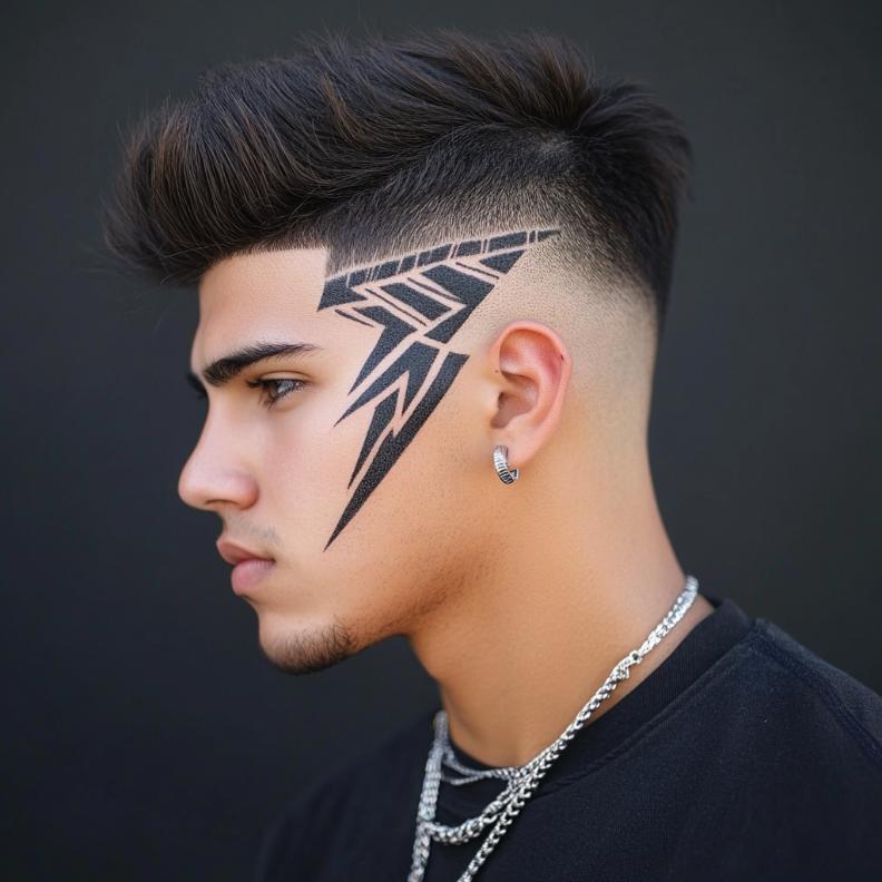 Unique shaved designs elevate this modern Edgar haircut for men.